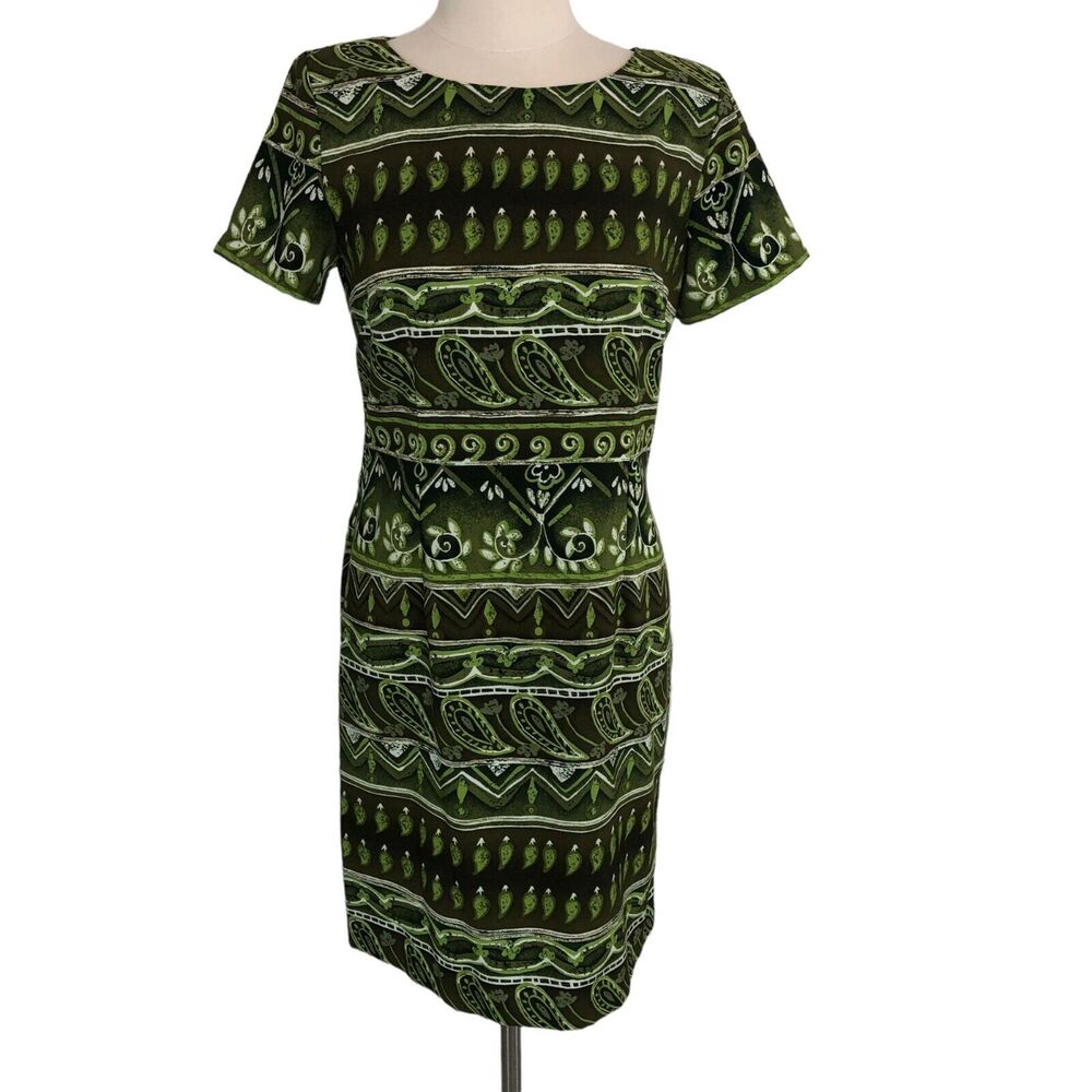Kathie Lee Career Shift Dress Boat Neck Knee Length Short Sleeves Size 10 Green
